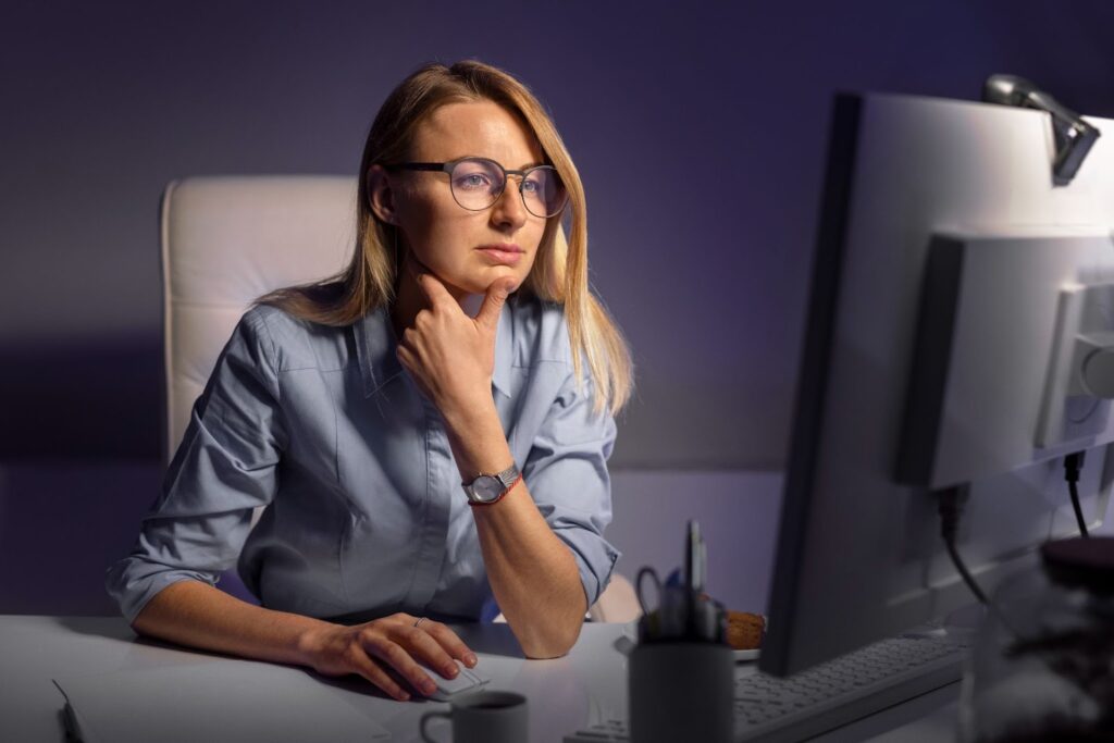 Medium shot woman working late at night on computer 